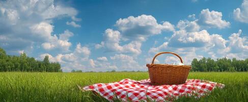 The picnic basket resting on a checkered blanket in a beautiful open field. photo