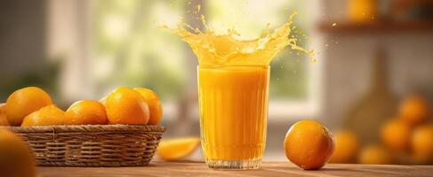 The refreshing splash of orange juice in a glass with fresh oranges. photo