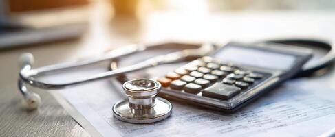 The stethoscope and calculator on medical paperwork for financial analysis photo