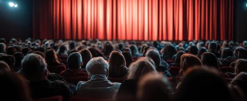 The audience eagerly awaits the performance behind the red curtains. photo