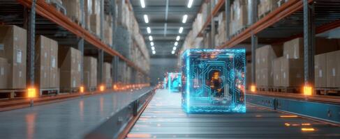 The futuristic warehouse showcasing automated technology and glowing data cubes. photo