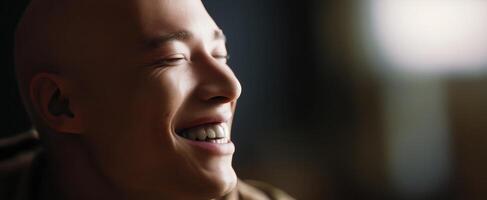 The joyful expression of a young man enjoying music in a candid moment. photo