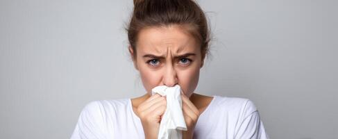 The young woman displaying emotions while holding a tissue in distress. photo