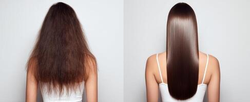 The transformation of hair from frizzy to sleek and shiny. photo