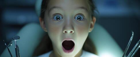 The surprised girl experiencing a dental visit with open mouth and shocked expression. photo