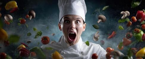 The chef expressing intense passion while surrounded by flying vegetables and ingredients. photo