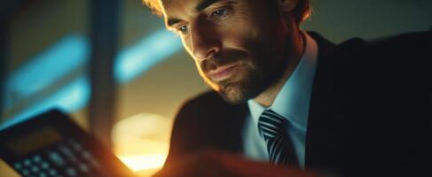 The businessman focused on calculations in a modern office environment. photo