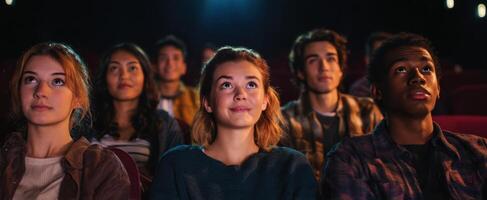 The captivated audience enjoying a film in a cozy cinema setting. photo