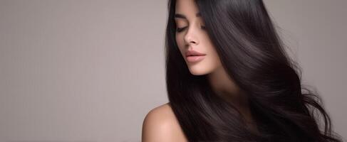 The elegant woman with flowing black hair in a soft and serene portrait. photo