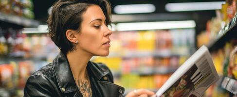 The woman reading a magazine in a vibrant grocery store aisles. photo