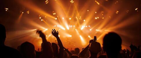 The vibrant crowd enjoying a dynamic concert with dazzling light effects. photo