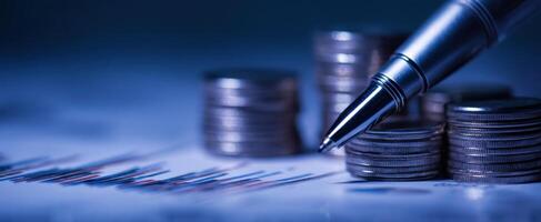 The sleek pen poised above a stack of coins and financial documents. photo
