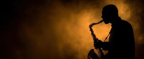 The captivating silhouette of a saxophonist playing jazz in atmospheric smoke. photo