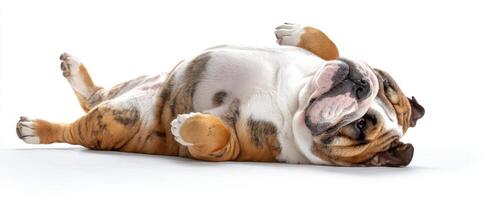 The adorable bulldog lying comfortably on its back, showcasing its playful side. photo