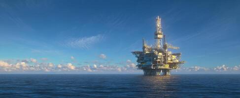 The majestic oil platform standing tall in the vast ocean under a clear sky. photo