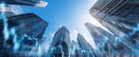 The towering skyscrapers reaching toward the bright blue sky above. photo