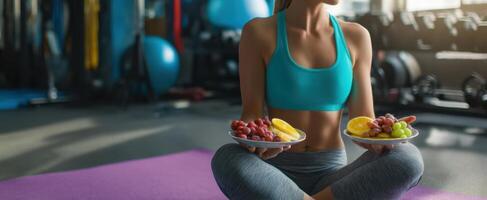 The woman enjoying a healthy balance of fruits after a workout session. photo
