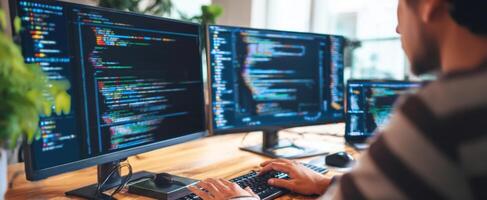 The programmer working diligently with multiple monitors displaying code. photo