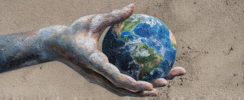 The artistic representation of a hand holding the Earth in a vibrant mural. photo