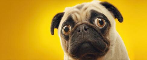 The adorable pug showcasing its charming expression against a vibrant yellow background. photo