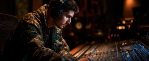 The Young Music Engineer Working Intently in a Professional Recording Studio photo