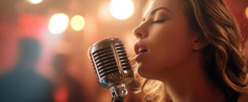 The singer captivating the audience with soulful melodies and vintage microphone. photo