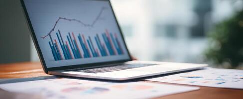 The laptop displaying colorful graphs for business analysis and reporting. photo