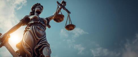 The statue of Lady Justice holding scales against a dramatic sky. photo