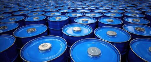 The vast array of blue barrels arranged meticulously for industrial storage. photo