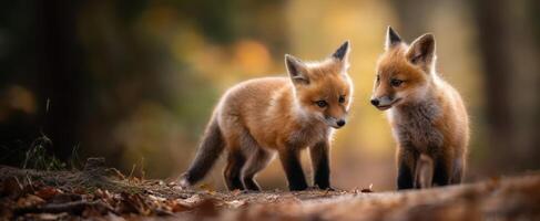 The playful encounter of two young foxes in an autumn forest. photo