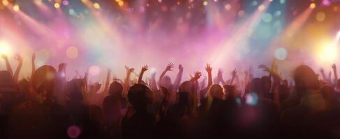 The vibrant and energetic crowd enjoying a live concert under dazzling lights. photo