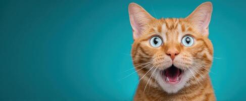 The surprised orange cat expressing joy with wide-open eyes photo
