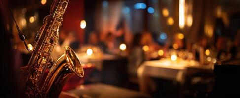 The saxophone creating an intimate atmosphere in a cozy restaurant setting. photo