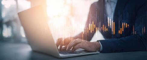 The professional using a laptop with digital analytics and data visualization. photo