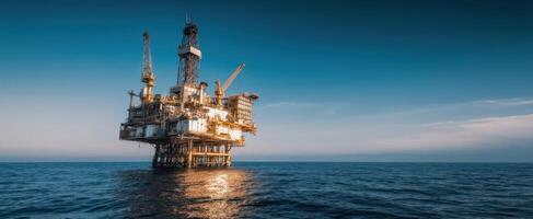 The majestic offshore oil rig standing tall against the serene ocean backdrop. photo