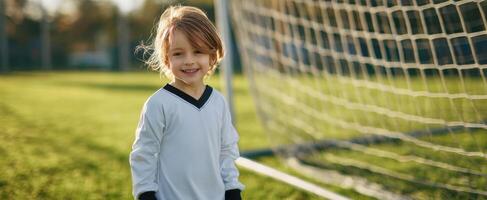 The cheerful child enjoying soccer on a sunny grassy field. photo