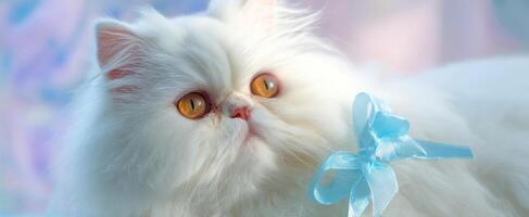 The adorable Persian cat with a blue bow in a serene setting. photo