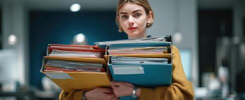 The woman balancing multiple folders in a busy office environment. photo