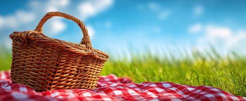The wicker picnic basket resting on a red checkered blanket in a sunny meadow photo