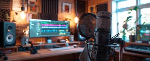The vibrant home studio with a professional microphone and audio equipment. photo