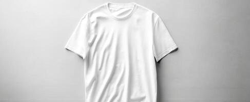 The classic white t-shirt displayed on a minimalist gray background. photo