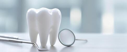 The dental tooth with instruments in a modern dental clinic setting. photo