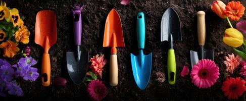 The vibrant collection of gardening tools surrounded by colorful flowers and rich soil. photo