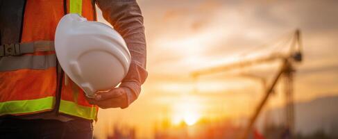 The construction worker holding a helmet against a sunset backdrop. photo