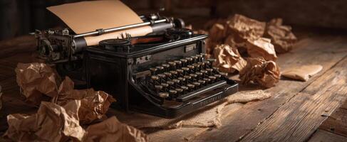 The vintage typewriter surrounded by crumpled paper and warm wooden surfaces. photo