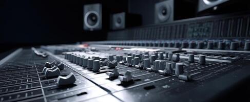 The professional audio mixing console in a modern recording studio setting. photo