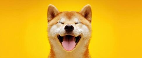 The happy Shiba Inu smiling joyfully against a bright yellow background. photo