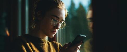 The woman using a smartphone near a window in natural light. photo