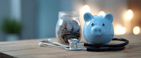 The piggy bank and stethoscope representing financial health and wellbeing. photo