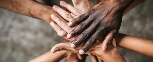 The diverse hands coming together in a symbol of unity and collaboration. photo